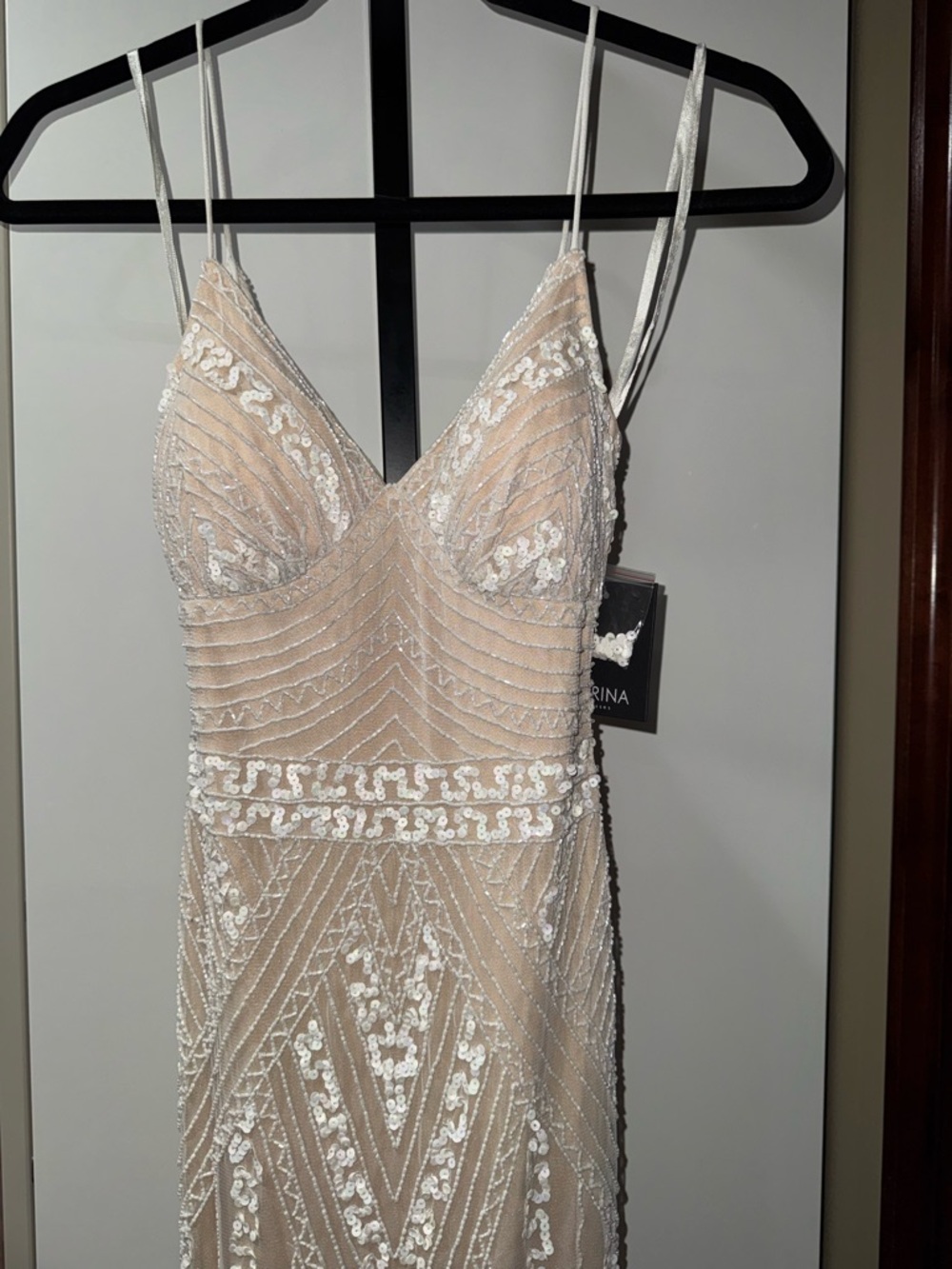 MARINA Beaded Nude Maxi Dress with Spaghetti Straps - Picture 3 of 5
